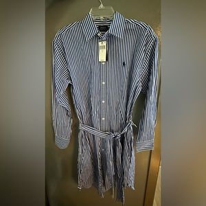 Polo Ralph Lauren Blue and White Striped Shirtdress with Belt, Size 8